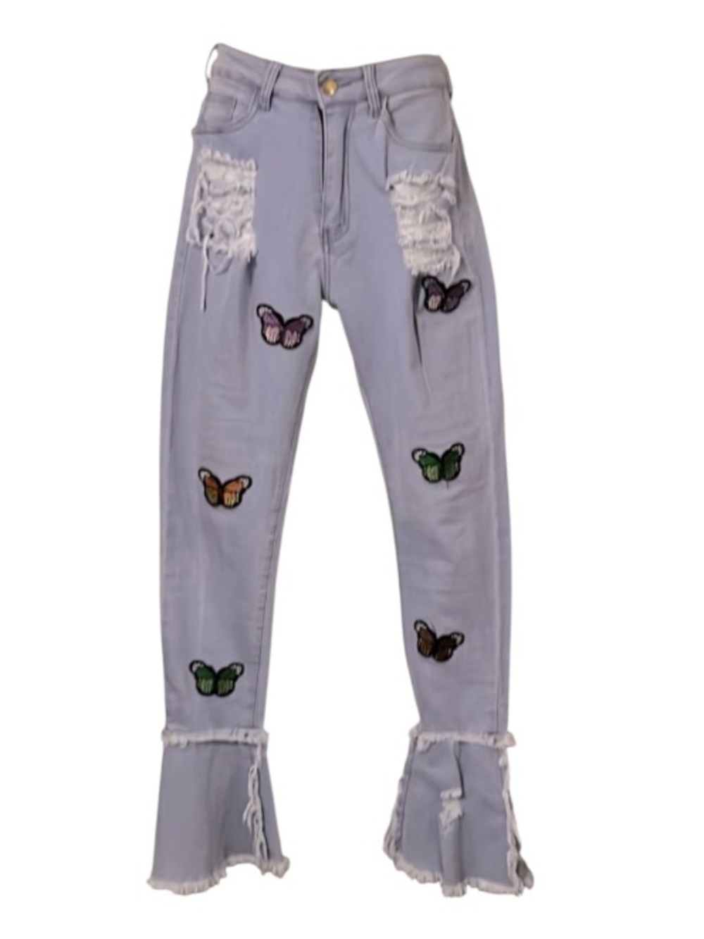 Woman’s High Waisted Light Blue Fringe 70s Flare Butterfly Patch Jeans Sz 27